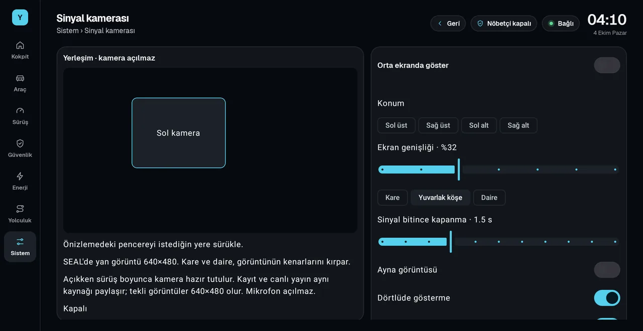 Ajustes da câmera de seta do Yoldaş: janela da câmera esquerda sendo arrastada na pré-visualização, posição, largura da tela, formato e tempo para fechar depois da seta
